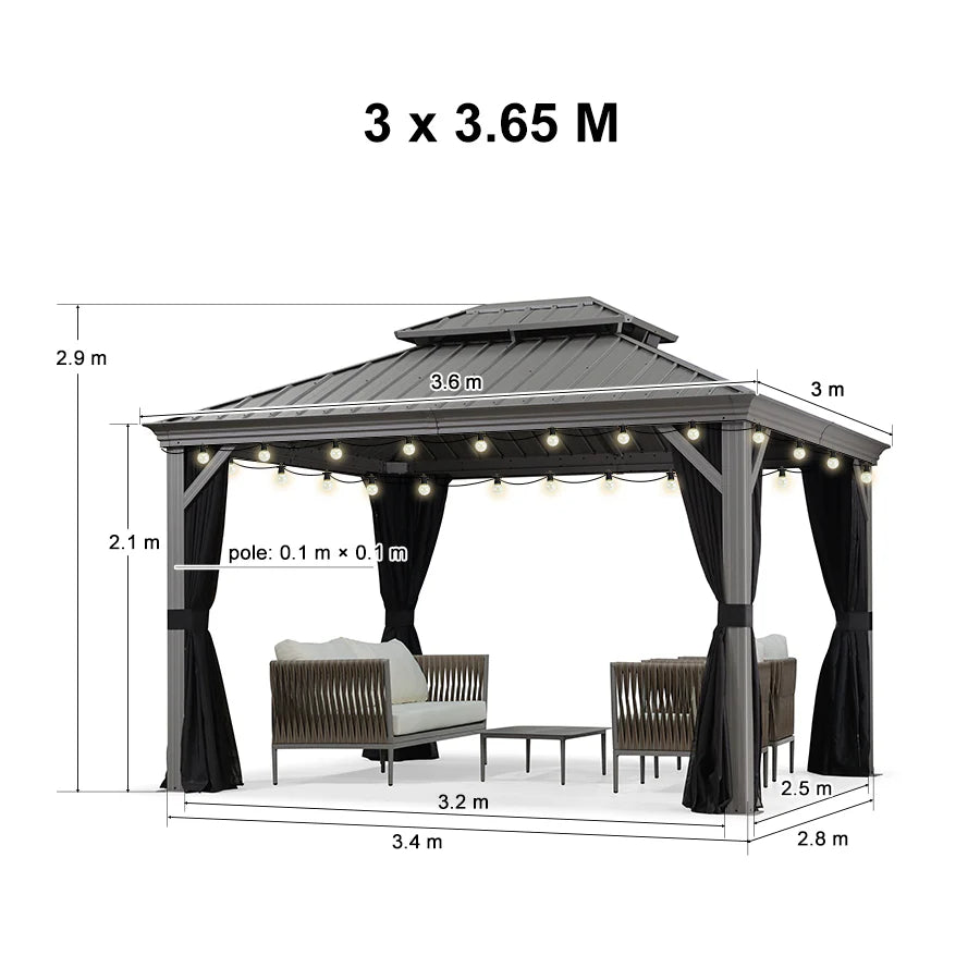 PURPLE LEAF Gazebo da Giardino e Terrazzo, Tetto Rigido in Acciaio Zincato, Design con Grondaia e Luci a Festa Trasparenti, Grigio Chiaro