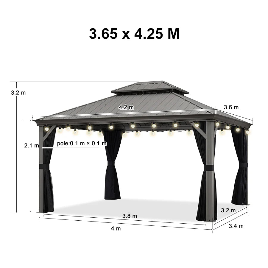 PURPLE LEAF Gazebo da Giardino e Terrazzo, Tetto Rigido in Acciaio Zincato, Design con Grondaia e Luci a Festa Trasparenti, Grigio Chiaro