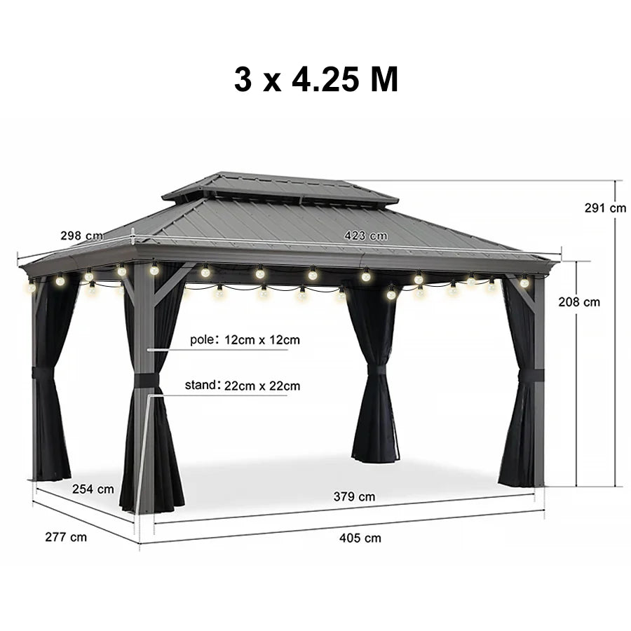 PURPLE LEAF Gazebo da Giardino e Terrazzo, Tetto Rigido in Acciaio Zincato, Design con Grondaia e Luci a Festa Trasparenti, Grigio Chiaro