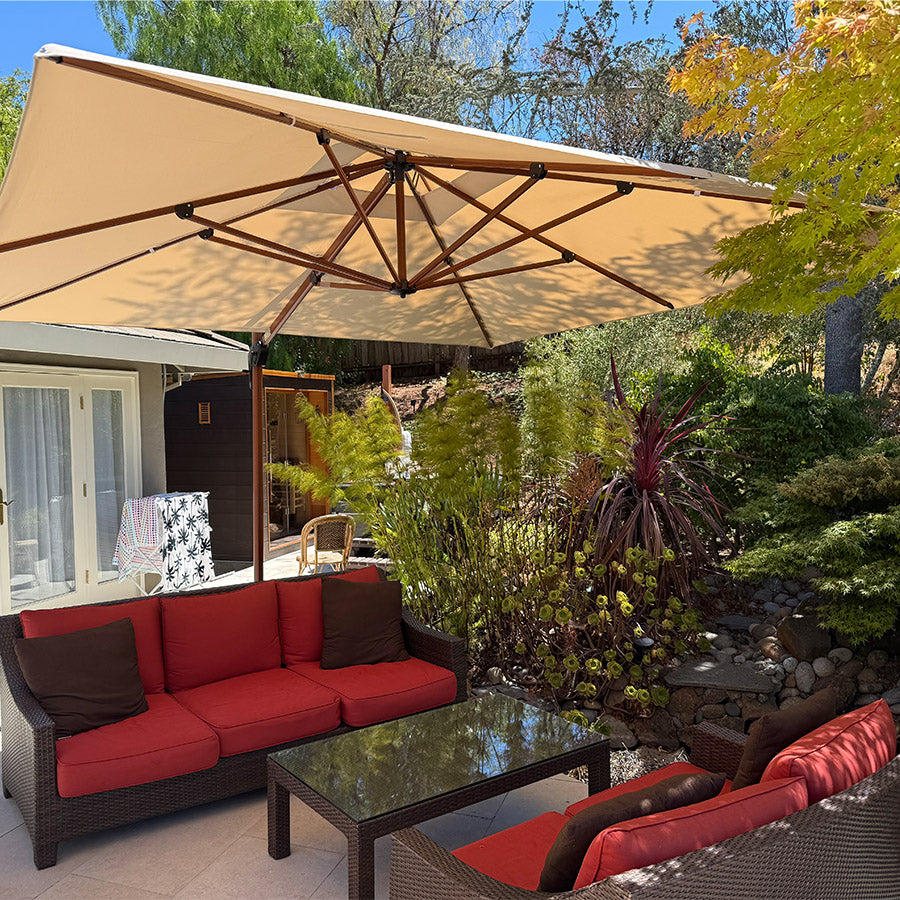 PURPLE LEAF Ombrellone in Alluminio Quadrato Doppio Top in colore legno