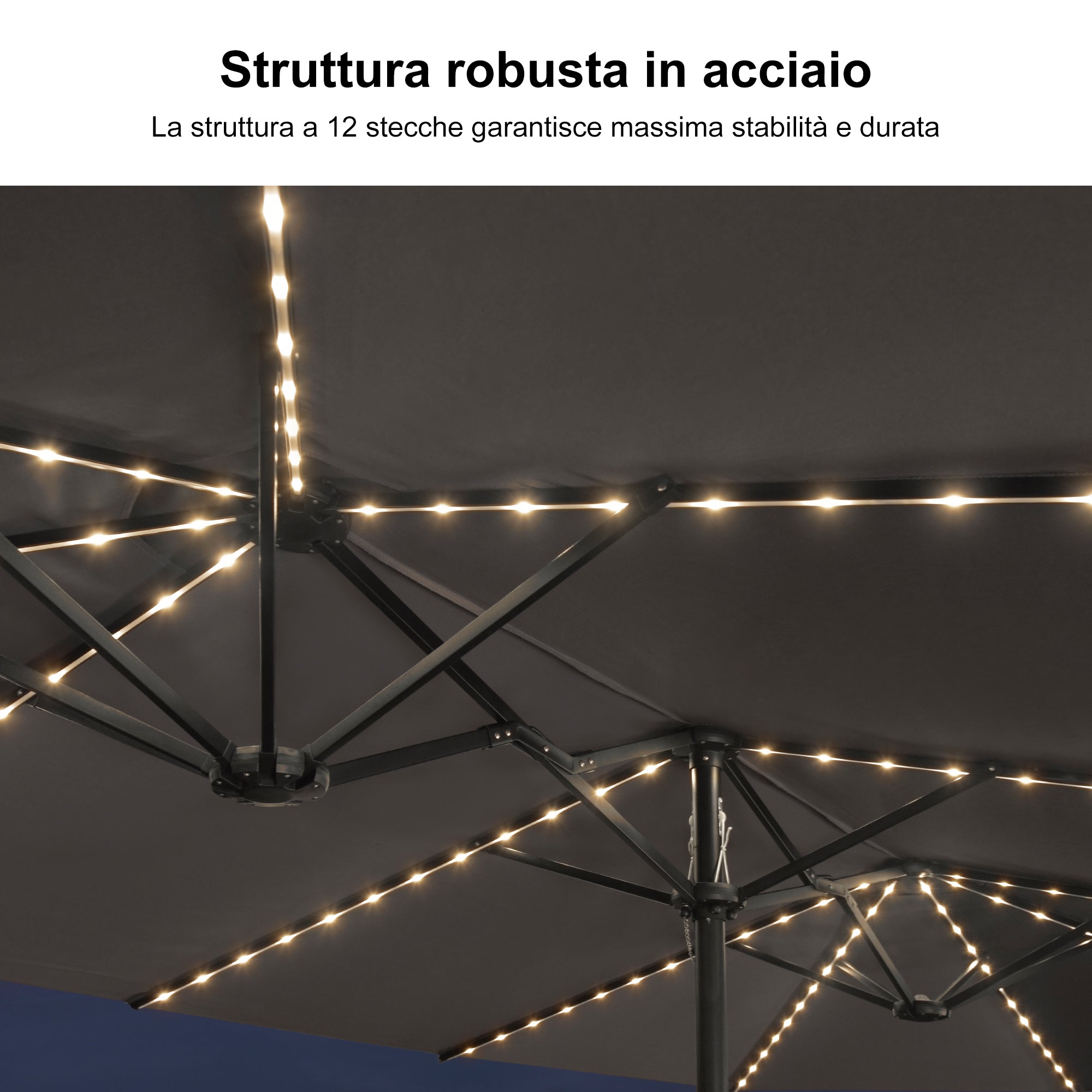 PURPLE LEAF Ombrellone doppio con illuminazione LED con base inclusa per esterni