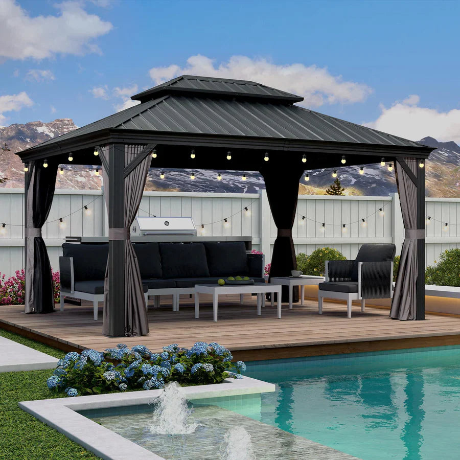 PURPLE LEAF Gazebo da Giardino Esterno, Padiglione da Giardino a Doppio Tetto in Acciaio Zincato Solido, con Luci Trasparenti, Modello Lusso - Grigio