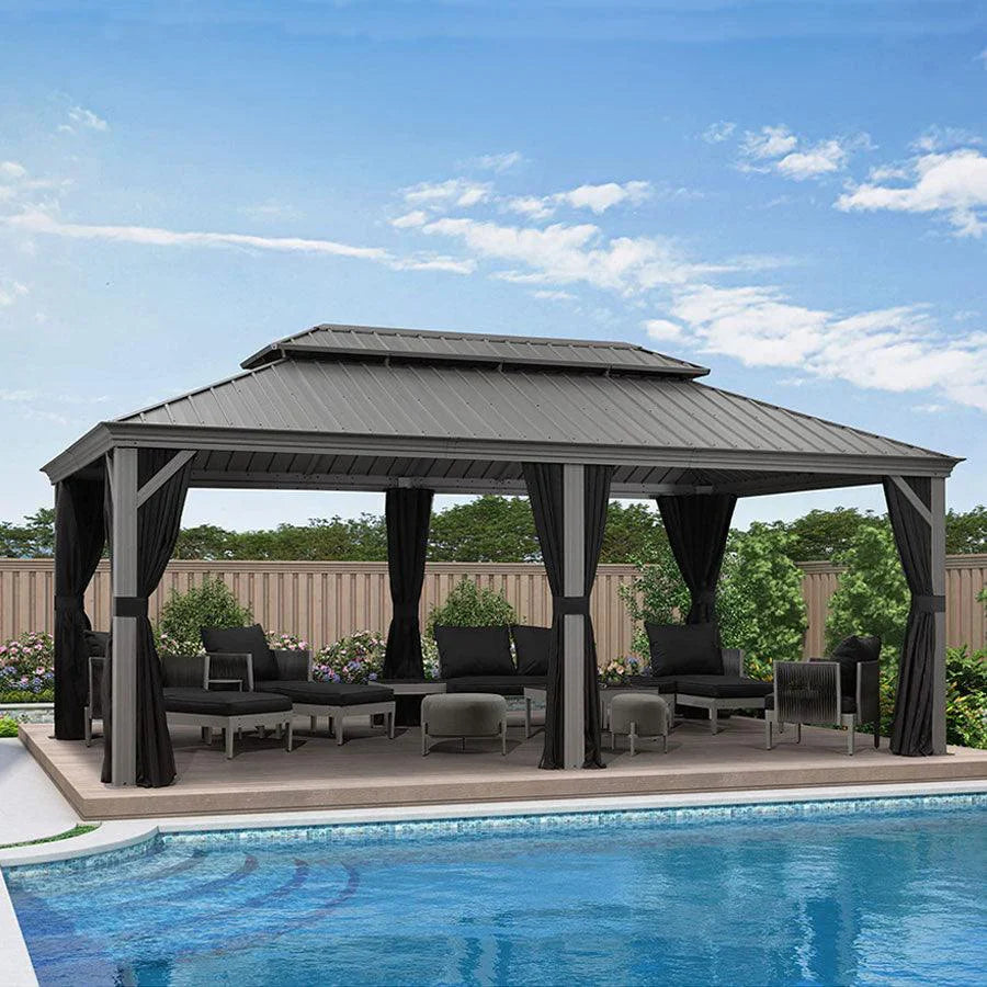 PURPLE LEAF Gazebo in Alluminio，Tetto Rigido in Acciaio Zincato, Tende Incluse, Grigio Chiaro