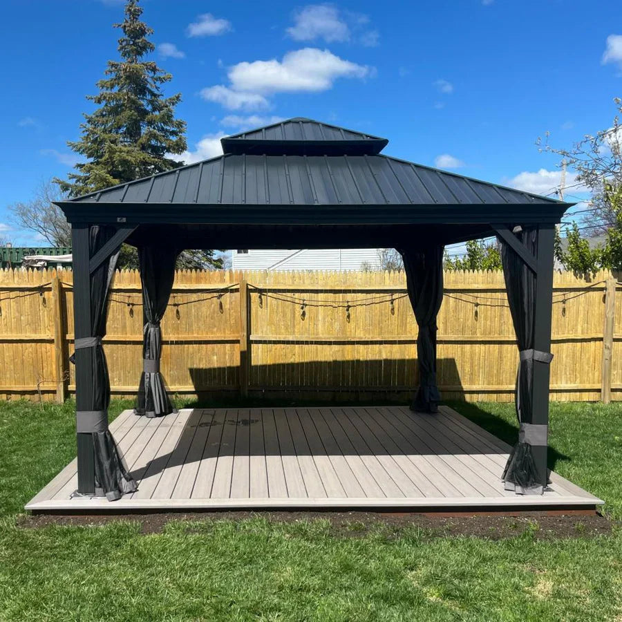 PURPLE LEAF Gazebo da Giardino in Alluminio Grigio , Tetto Doppio in Acciaio Zincato, con Zanzariere e Tende, Corredato da Ghirlande Luminose di Latte