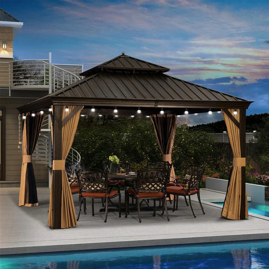 PURPLE LEAF Tonnelle da Giardino, Tetto Doppio in Acciaio Galvanizzato, con Tende Migliorate e Guirlande Luminose Trasparenti, Bronzo