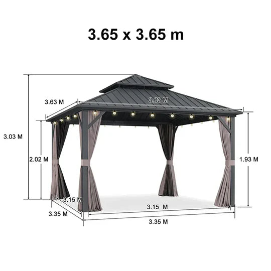 PURPLE LEAF Gazebo da Giardino in Alluminio Grigio , Tetto Doppio in Acciaio Zincato, con Zanzariere e Tende, Corredato da Ghirlande Luminose di Latte