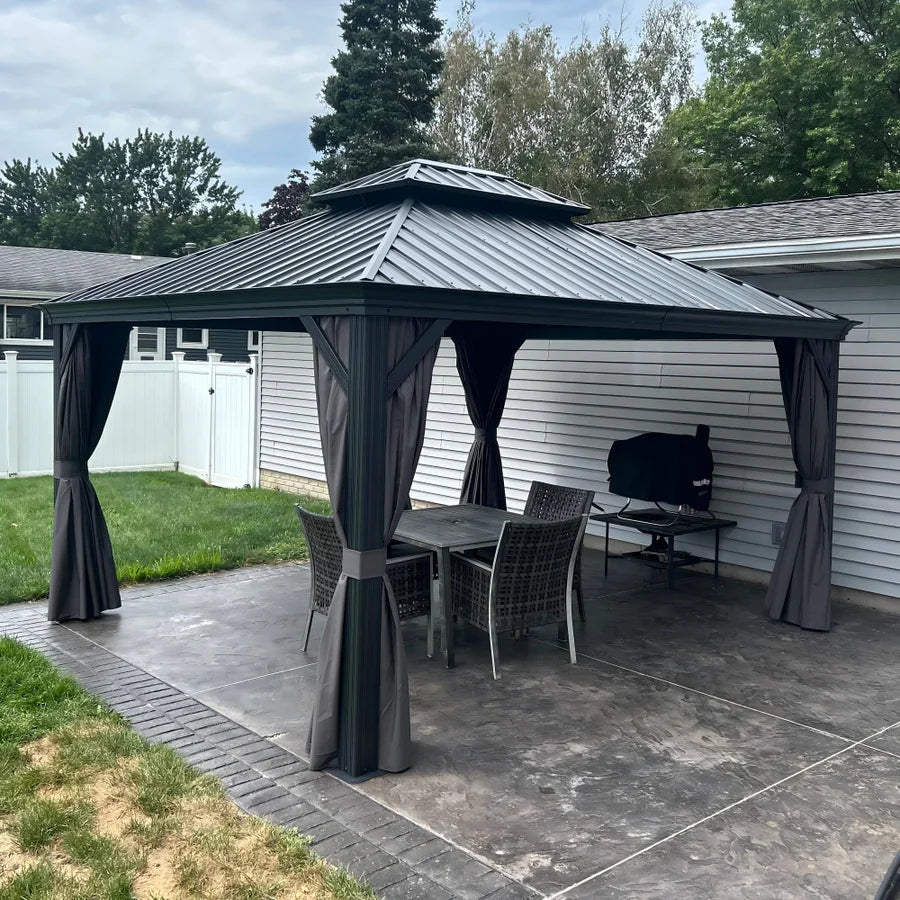PURPLE LEAF Gazebo da Giardino in Alluminio Grigio , Tetto Doppio in Acciaio Zincato, con Zanzariere e Tende, Corredato da Ghirlande Luminose di Latte