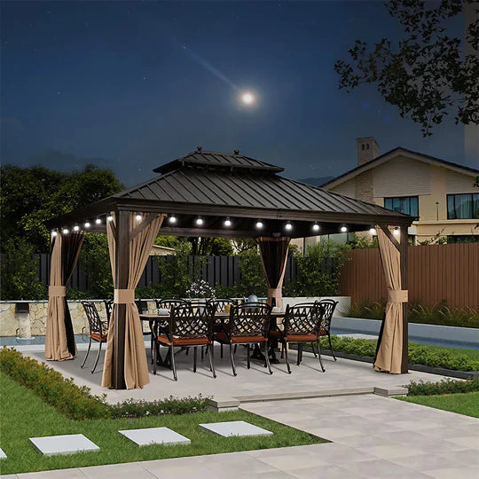 PURPLE LEAF Gazebo da Giardino con Tetto Rigido Doppio Tetto Bronzo, Pergola in Alluminio con Catena Luminosa Bianco Latte