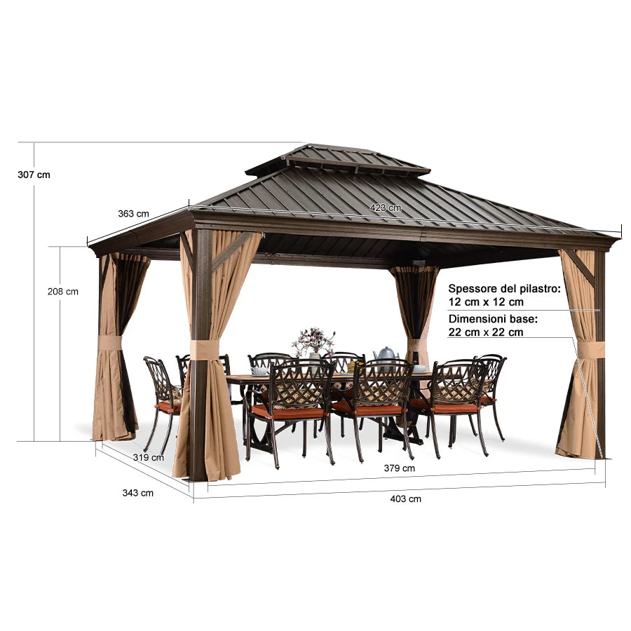 PURPLE LEAF Gazebo da Giardino con Tetto Rigido Doppio Tetto Bronzo, Pergola in Alluminio con Catena Luminosa Bianco Latte
