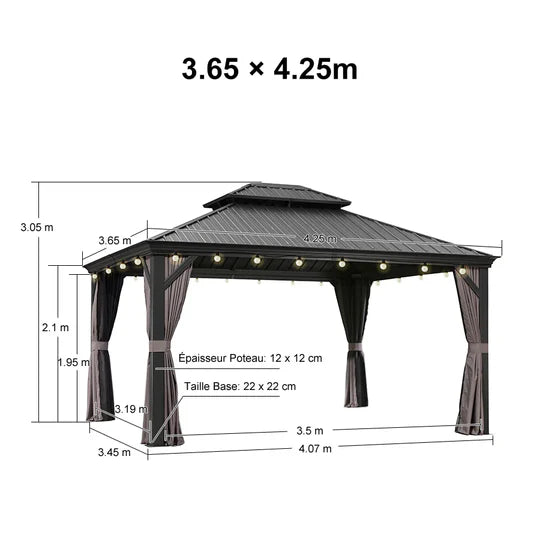 PURPLE LEAF Gazebo da Giardino in Alluminio Grigio , Tetto Doppio in Acciaio Zincato, con Zanzariere e Tende, Corredato da Ghirlande Luminose di Latte
