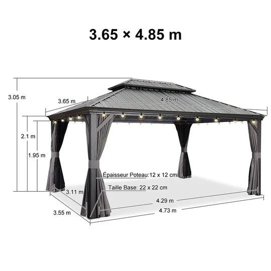 PURPLE LEAF Gazebo da Giardino in Alluminio Grigio , Tetto Doppio in Acciaio Zincato, con Zanzariere e Tende, Corredato da Ghirlande Luminose di Latte