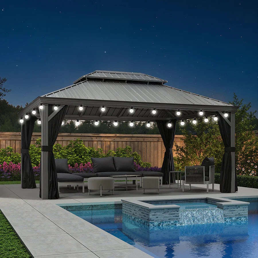 PURPLE LEAF Padiglione Rigido Esterno Grigio Chiaro,Gazebo in Alluminio con Doppio Tetto e Catena Luminosa Luce Lattea