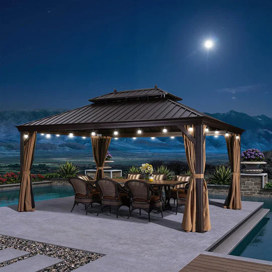 PURPLE LEAF Gazebo da Giardino con Tetto Rigido Doppio Tetto Bronzo, Pergola in Alluminio con Catena Luminosa Bianco Latte