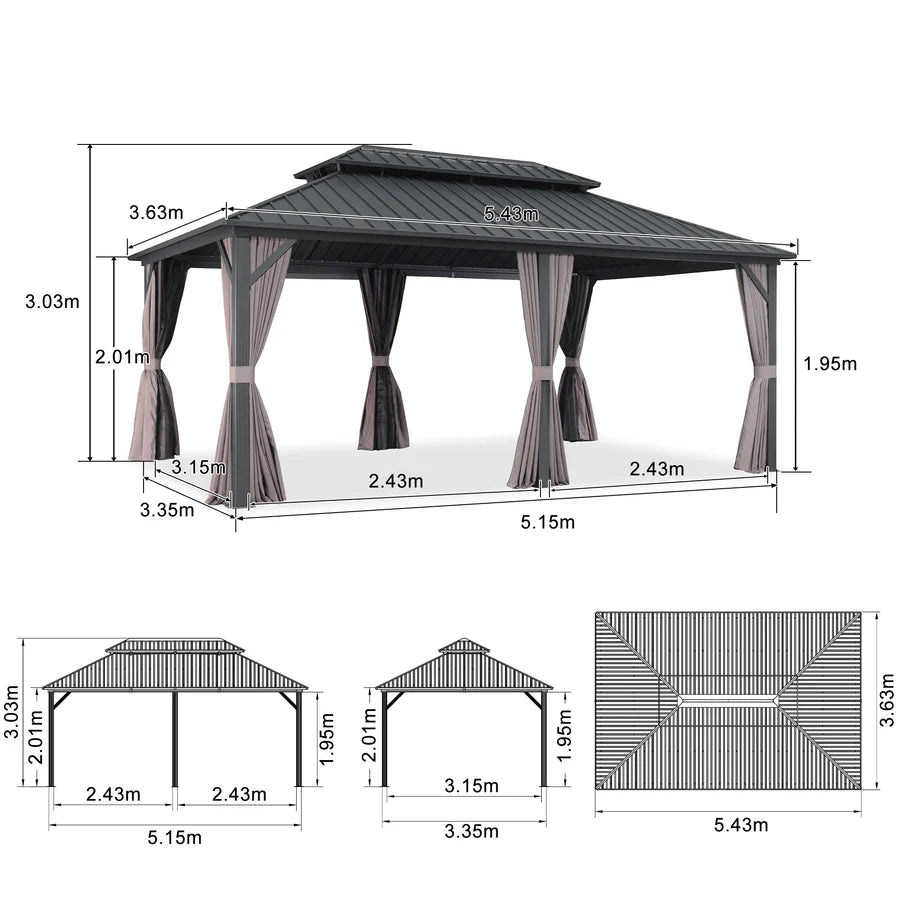 PURPLE LEAF Gazebo da Giardino Esterno,Tetto Doppio in Acciaio Galvanizzato, Resistente alla Corrosione, con Guirlanda Luminosa Trasparente, Modello Leggero - Grigio