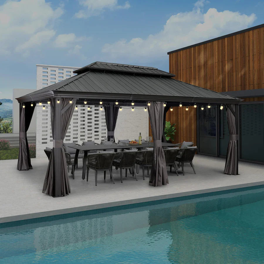 PURPLE LEAF Gazebo da Giardino Esterno, Padiglione da Giardino a Doppio Tetto in Acciaio Zincato Solido, con Luci Trasparenti, Modello Lusso - Grigio