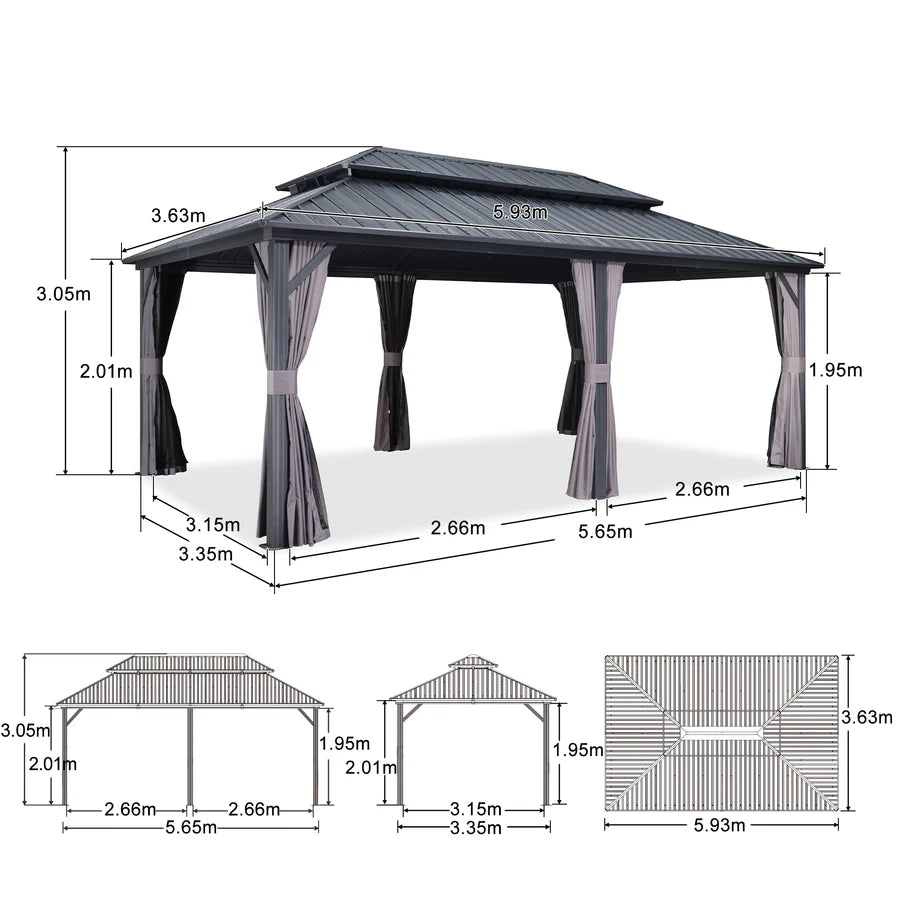 PURPLE LEAF Gazebo da Giardino Esterno,Tetto Doppio in Acciaio Galvanizzato, Resistente alla Corrosione, con Guirlanda Luminosa Trasparente, Modello Leggero - Grigio