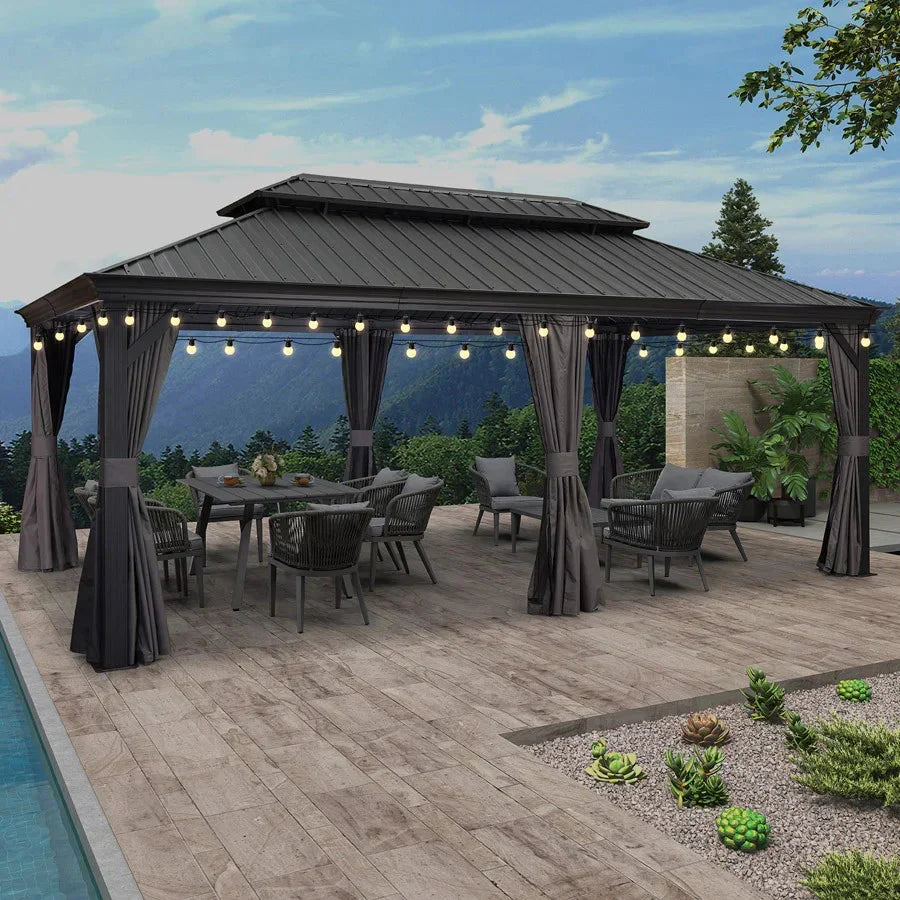 PURPLE LEAF Gazebo da Giardino Esterno, Padiglione da Giardino a Doppio Tetto in Acciaio Zincato Solido, con Luci Trasparenti, Modello Lusso - Grigio