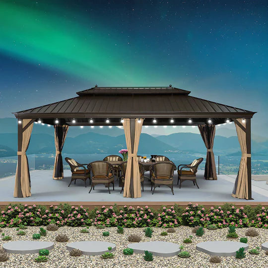 PURPLE LEAF Gazebo da Giardino con Tetto Rigido Doppio Tetto Bronzo, Pergola in Alluminio con Catena Luminosa Bianco Latte