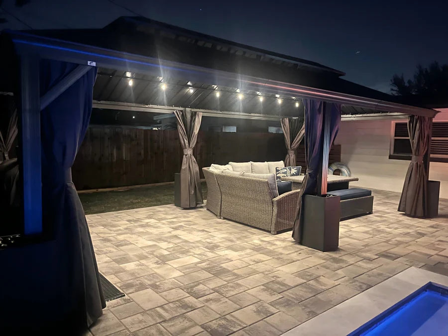 PURPLE LEAF Gazebo da Giardino in Alluminio Grigio , Tetto Doppio in Acciaio Zincato, con Zanzariere e Tende, Corredato da Ghirlande Luminose di Latte