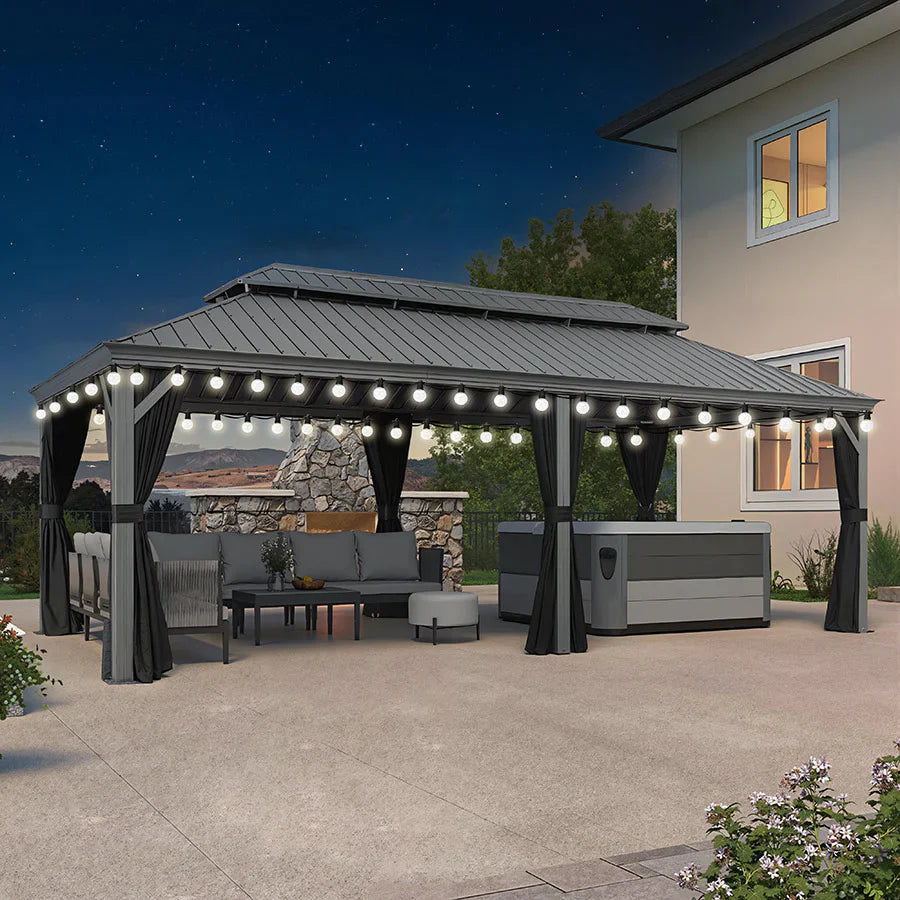 PURPLE LEAF Padiglione Rigido Esterno Grigio Chiaro,Gazebo in Alluminio con Doppio Tetto e Catena Luminosa Luce Lattea