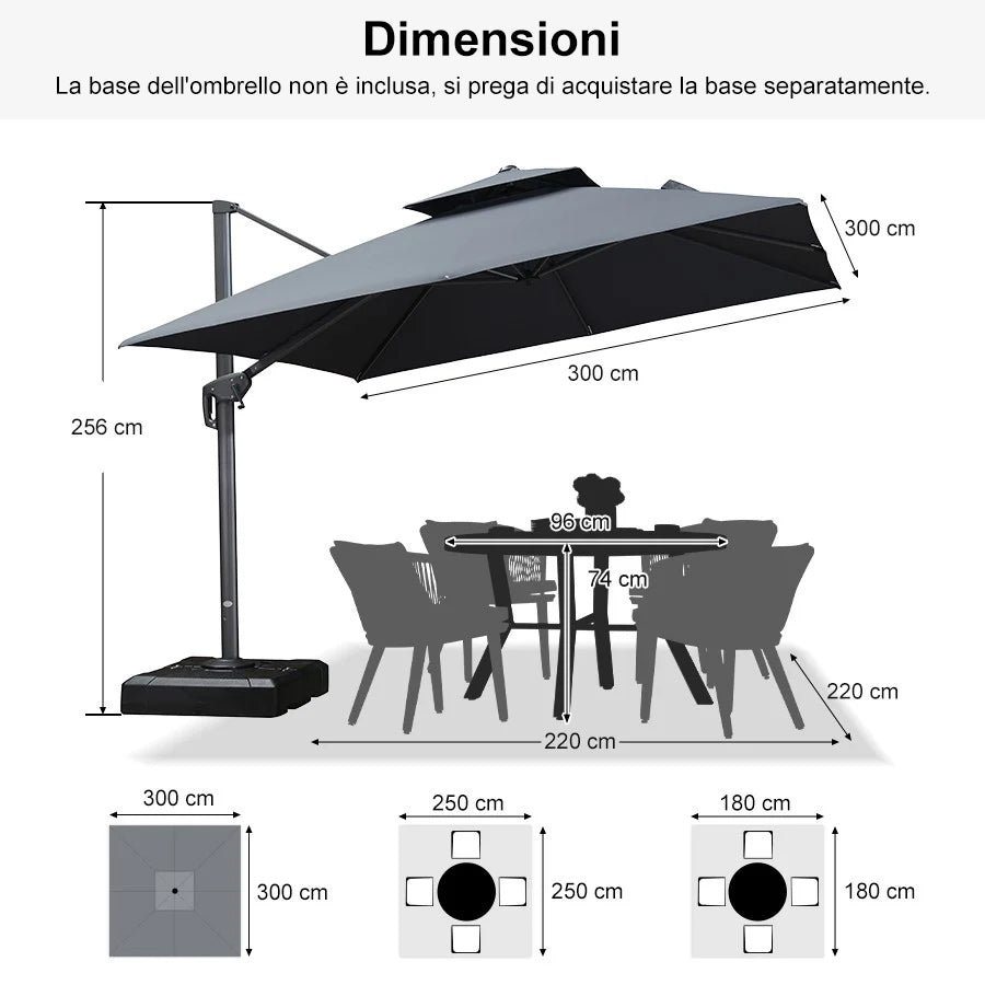 PURPLE LEAF Ombrellone doppio Top Quadrato per Giardino,con Base