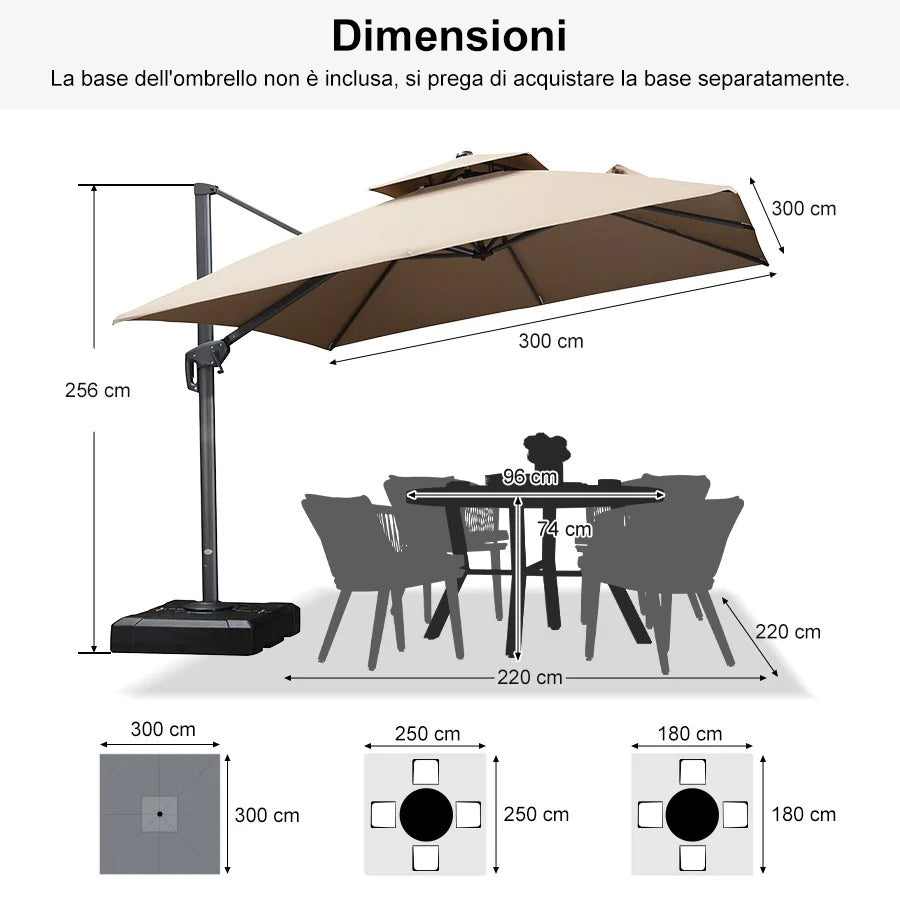 PURPLE LEAF Ombrellone doppio Top Quadrato per Giardino,con Base