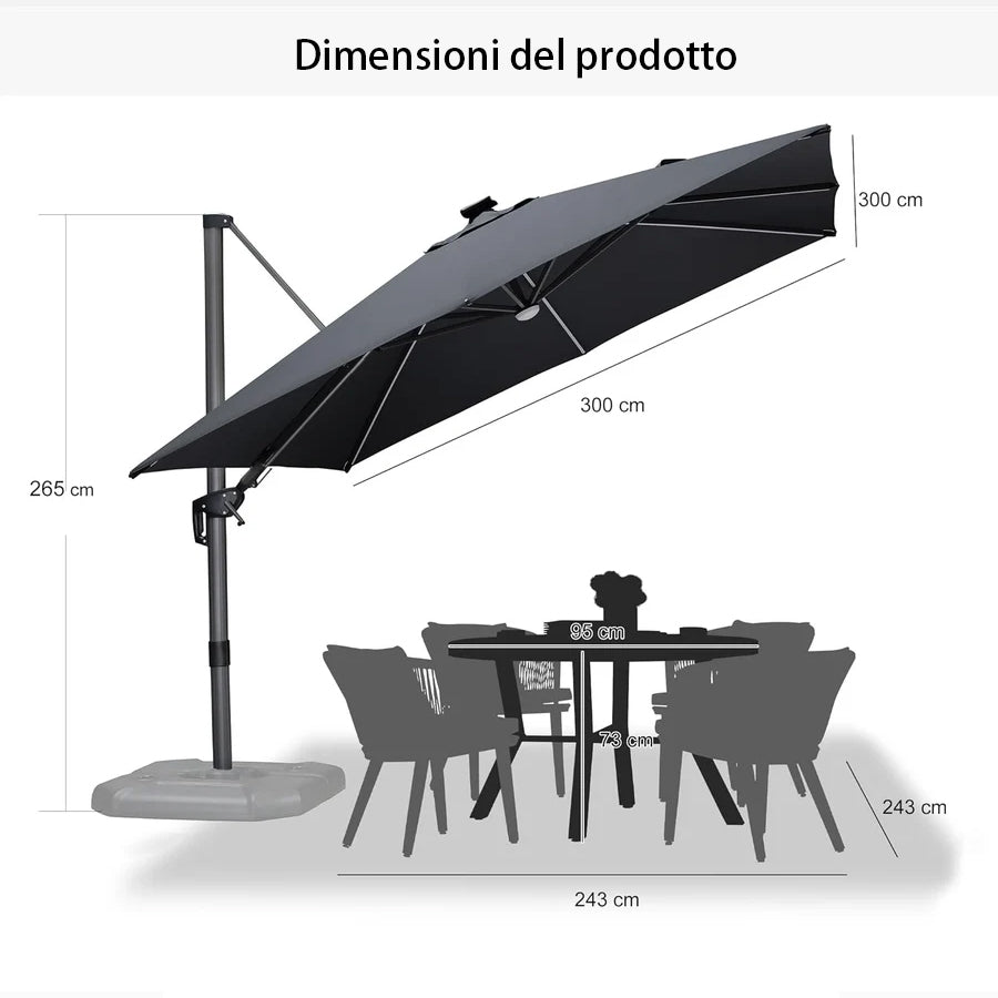 PURPLE LEAF Ombrellone da Giardino LED Quadrato 300x300 cm, Inclinabile e Girevole a 360° per Terrazza e Piscina