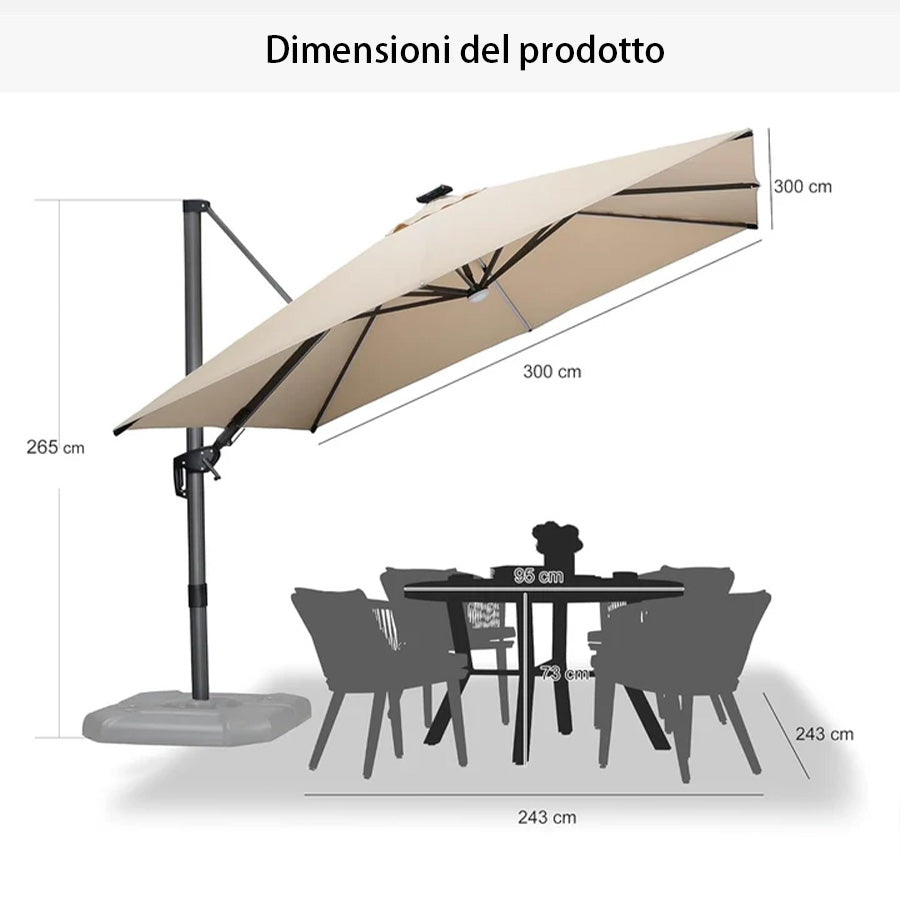 PURPLE LEAF Ombrellone da Giardino LED Quadrato 300x300 cm, Inclinabile e Girevole a 360° per Terrazza e Piscina