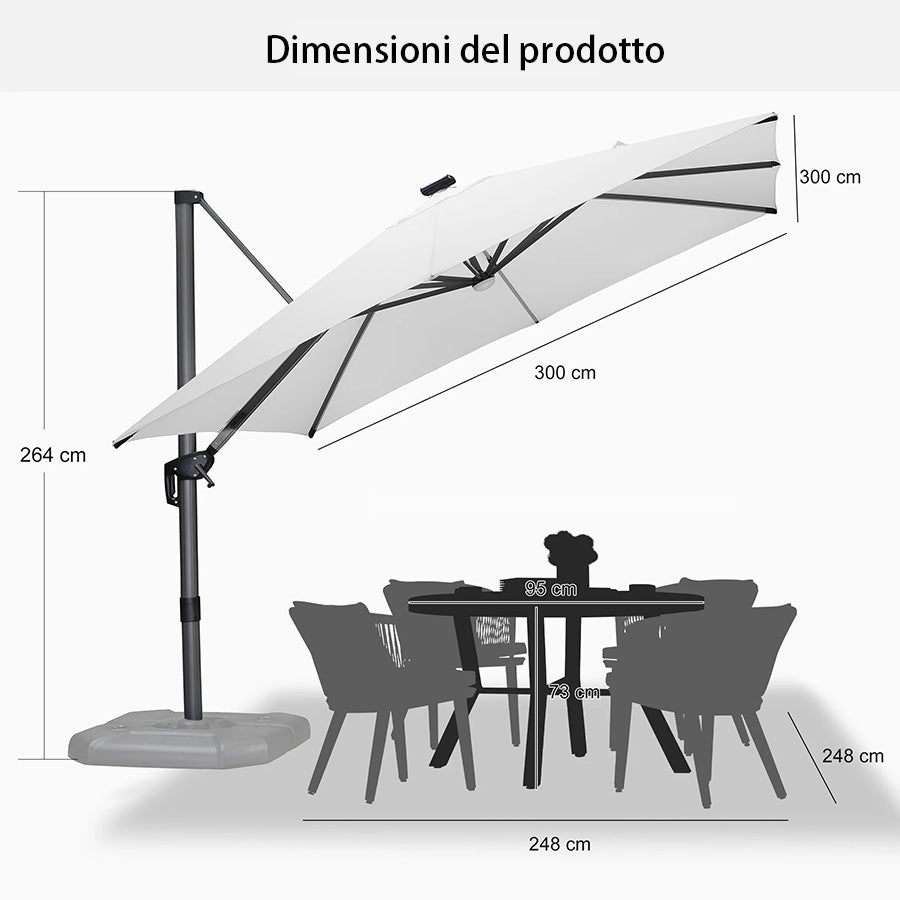 PURPLE LEAF Ombrellone da Giardino LED Quadrato 300x300 cm, Inclinabile e Girevole a 360° per Terrazza e Piscina