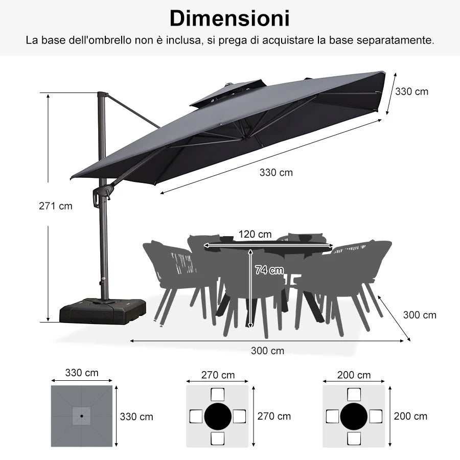 PURPLE LEAF Ombrellone doppio Top Quadrato per Giardino,con Base