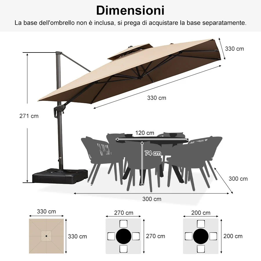PURPLE LEAF Ombrellone doppio Top Quadrato per Giardino,con Base