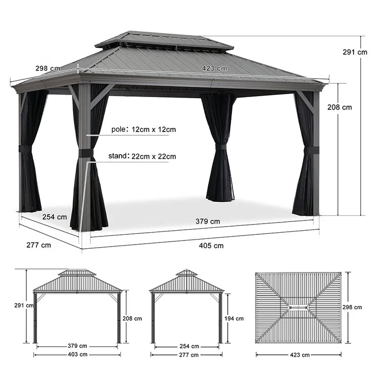 PURPLE LEAF Gazebo in Alluminio，Tetto Rigido in Acciaio Zincato, Tende Incluse, Grigio Chiaro