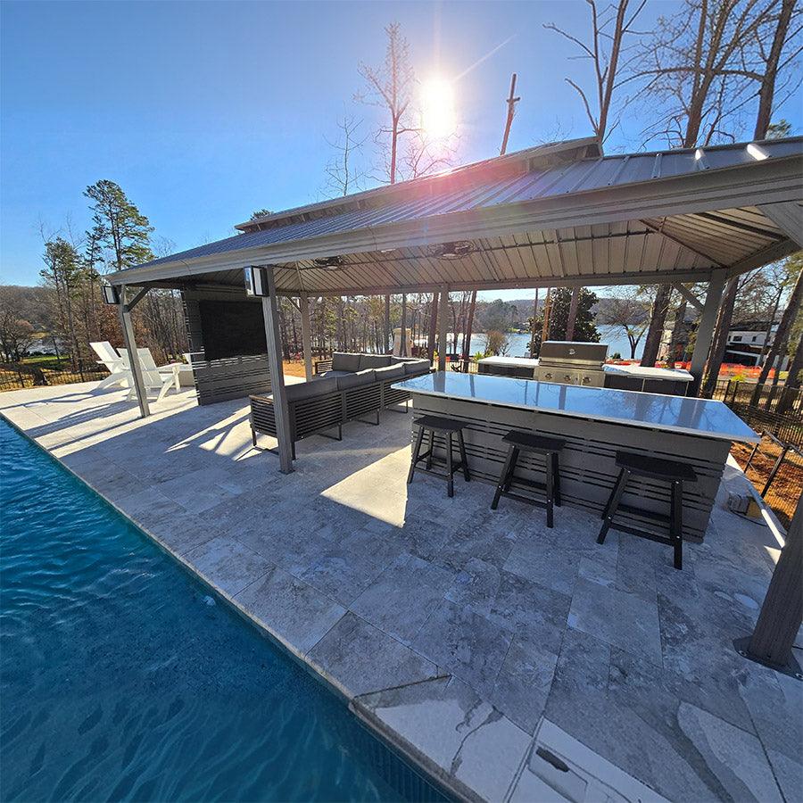 PURPLE LEAF Gazebo da Giardino e Terrazzo, Tetto Rigido in Acciaio Zincato, Design con Grondaia e Luci a Festa Trasparenti, Grigio Chiaro