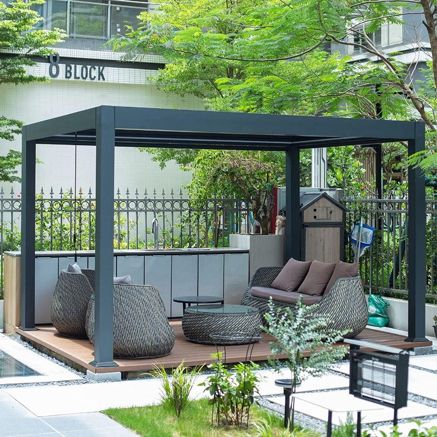 PURPLE LEAF Pergola Bioclimatica Pergola in Alluminio da Esterno struttura robusta drenaggio nascosto con Tetto Regolabile per Terrazzo e Giardino Grigio