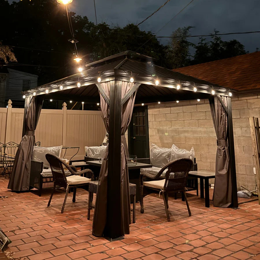 PURPLE LEAF Gazebo da Giardino in Alluminio Grigio , Tetto Doppio in Acciaio Zincato, con Zanzariere e Tende, Corredato da Ghirlande Luminose di Latte