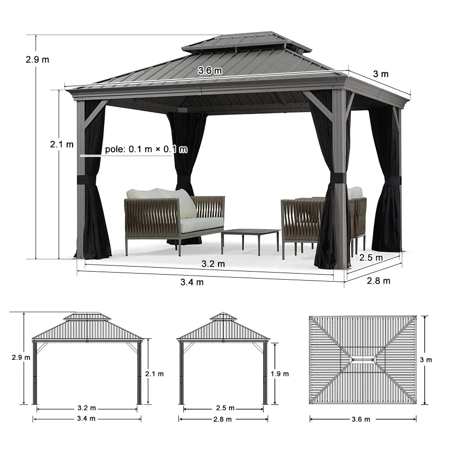 PURPLE LEAF Gazebo in Alluminio，Tetto Rigido in Acciaio Zincato, Tende Incluse, Grigio Chiaro