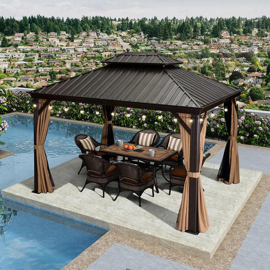 PURPLE LEAF Tonnelle da Giardino, Tetto Doppio in Acciaio Galvanizzato, con Tende Migliorate e Guirlande Luminose Trasparenti, Bronzo