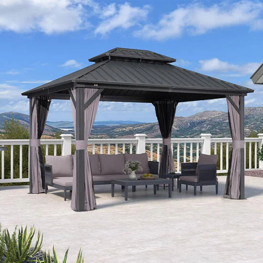 PURPLE LEAF Alluminio Gazebo Tetto Doppio in Acciaio Galvanizzato Zanzariere e Tende，Grigio con Ottimo Rapporto Qualità-Prezzo