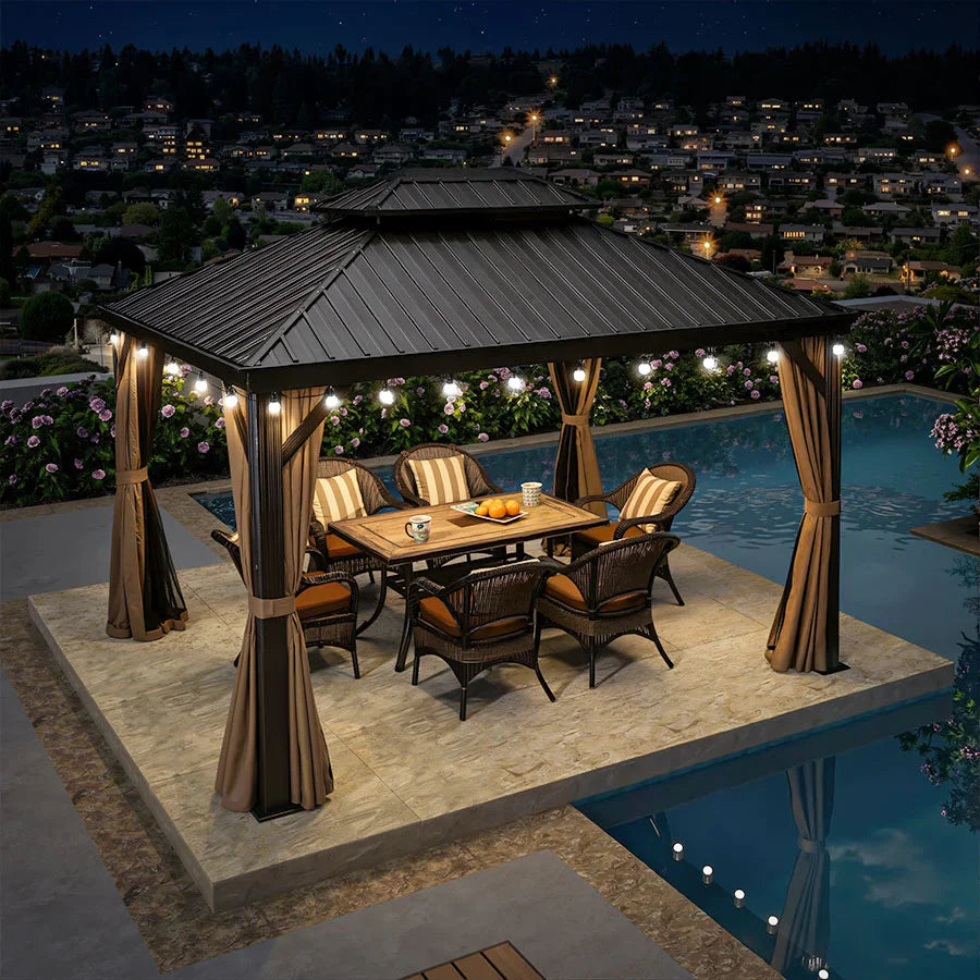 PURPLE LEAF Gazebo da Giardino con Tetto Rigido Doppio Tetto Bronzo, Pergola in Alluminio con Catena Luminosa Bianco Latte