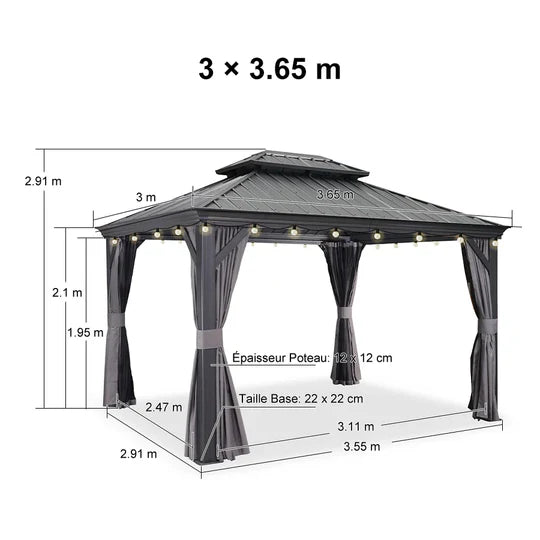 PURPLE LEAF Gazebo da Giardino in Alluminio Grigio , Tetto Doppio in Acciaio Zincato, con Zanzariere e Tende, Corredato da Ghirlande Luminose di Latte