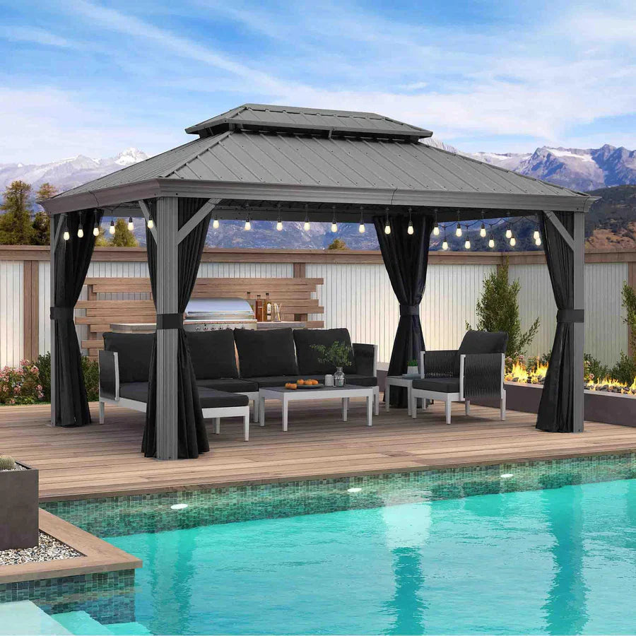 PURPLE LEAF Gazebo da Giardino e Terrazzo, Tetto Rigido in Acciaio Zincato, Design con Grondaia e Luci a Festa Trasparenti, Grigio Chiaro