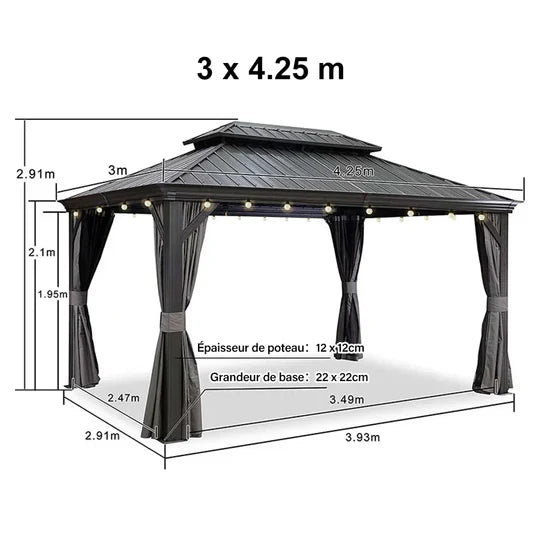 PURPLE LEAF Gazebo da Giardino in Alluminio Grigio , Tetto Doppio in Acciaio Zincato, con Zanzariere e Tende, Corredato da Ghirlande Luminose di Latte