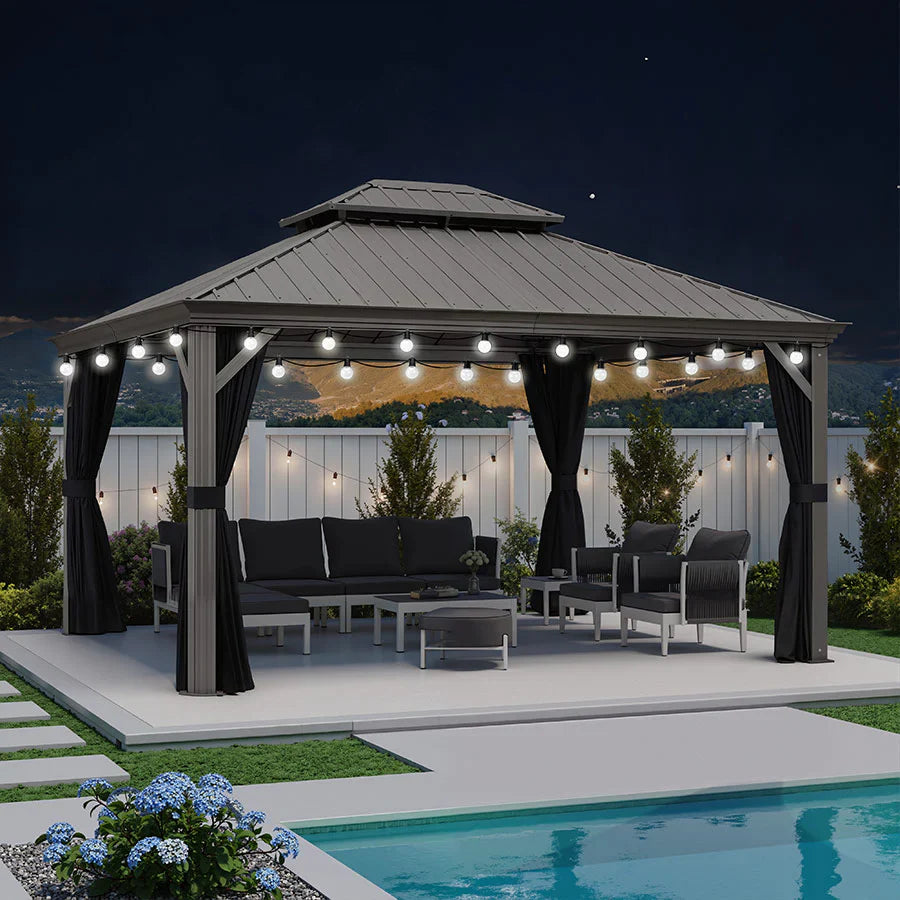 PURPLE LEAF Padiglione Rigido Esterno Grigio Chiaro,Gazebo in Alluminio con Doppio Tetto e Catena Luminosa Luce Lattea