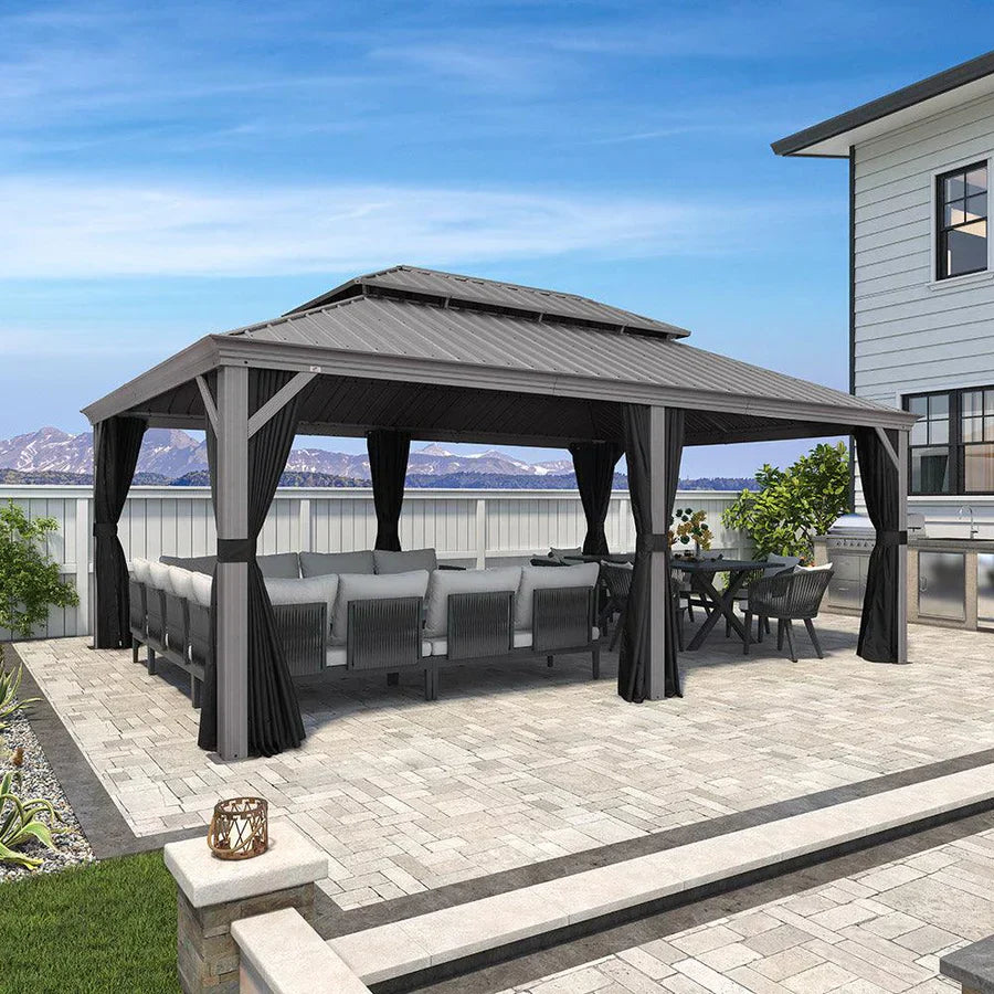 PURPLE LEAF Gazebo in Alluminio，Tetto Rigido in Acciaio Zincato, Tende Incluse, Grigio Chiaro