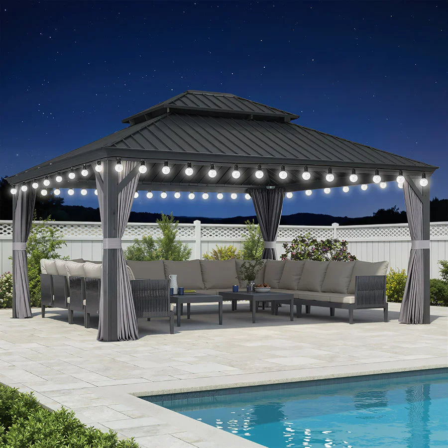 PURPLE LEAF Gazebo da Giardino in Alluminio Grigio , Tetto Doppio in Acciaio Zincato, con Zanzariere e Tende, Corredato da Ghirlande Luminose di Latte