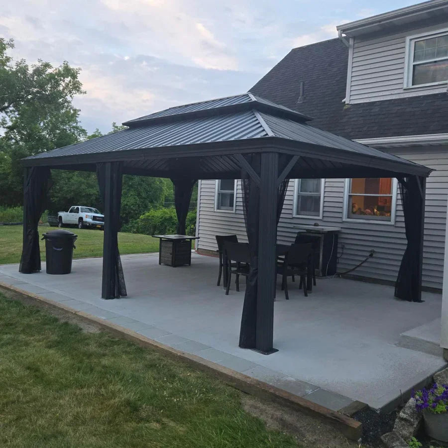 PURPLE LEAF Gazebo da Giardino in Alluminio Grigio , Tetto Doppio in Acciaio Zincato, con Zanzariere e Tende, Corredato da Ghirlande Luminose di Latte
