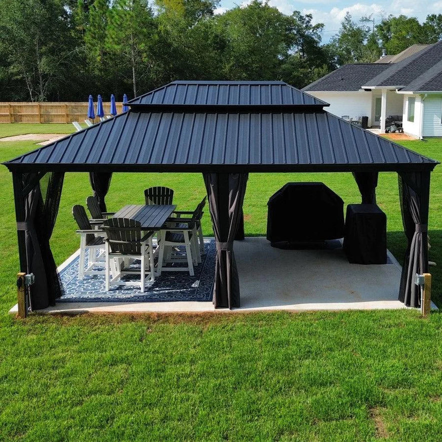 PURPLE LEAF  Alluminio Gazebo Giardino con Zanzariere e Tende Tetto Doppio in Acciaio Galvanizzato, Grigio