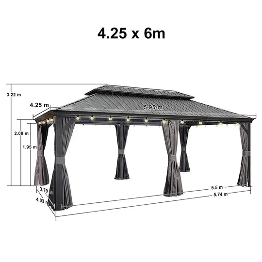 PURPLE LEAF Gazebo da Giardino in Alluminio Grigio , Tetto Doppio in Acciaio Zincato, con Zanzariere e Tende, Corredato da Ghirlande Luminose di Latte