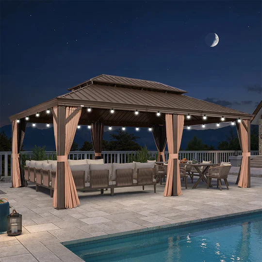 PURPLE LEAF Gazebo da Giardino con Tetto Rigido Doppio Tetto Bronzo, Pergola in Alluminio con Catena Luminosa Bianco Latte