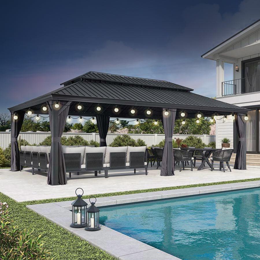 PURPLE LEAF Gazebo da Giardino Esterno, Padiglione da Giardino a Doppio Tetto in Acciaio Zincato Solido, con Luci Trasparenti, Modello Lusso - Grigio